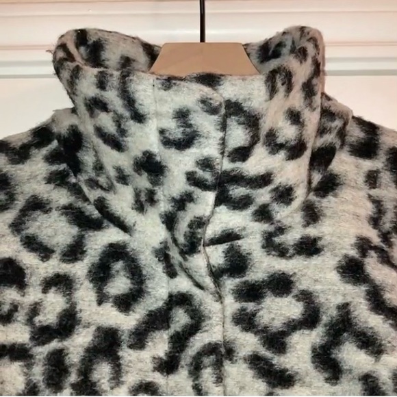 NEXT Grey Leopard Print Wool Coat with Funnel Neck - Picture 11 of 12